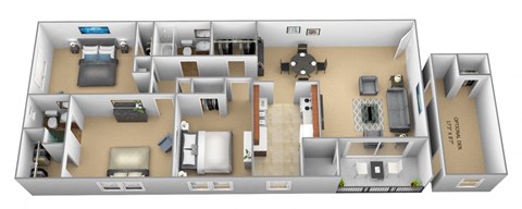 3 bedroom 2 bathroom with den 3D floor plan at The Village of Pine Run Apartments in Windsor Mill, MD